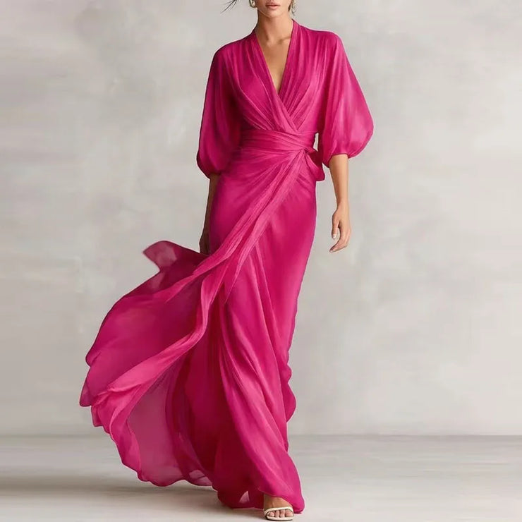 Deep V-Neck Raglan Sleeves Waist Long Dress